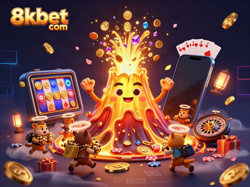 Experience thrilling wins with 8xbet com at a vibrant 3D cartoon casino scene.