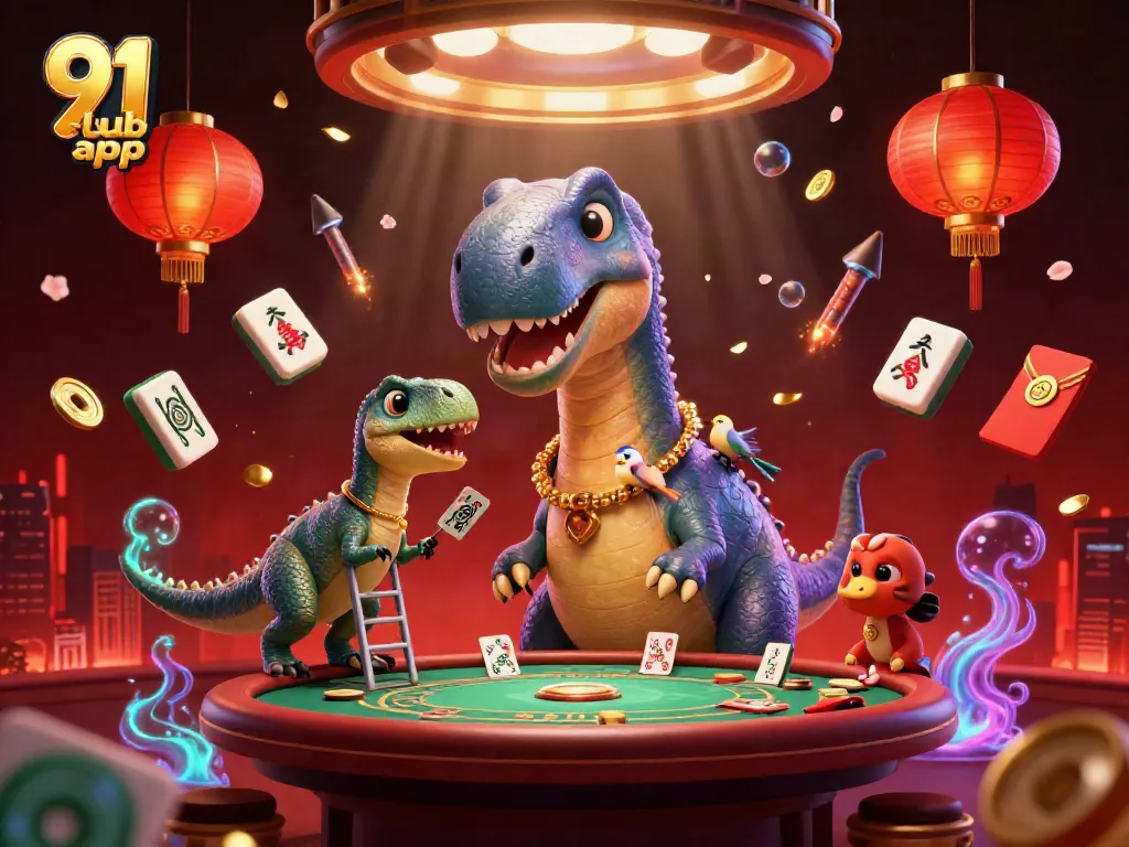 Engage with the thrilling 91 club app in a vibrant casino scene featuring a giant brontosaurus and clever raptor.