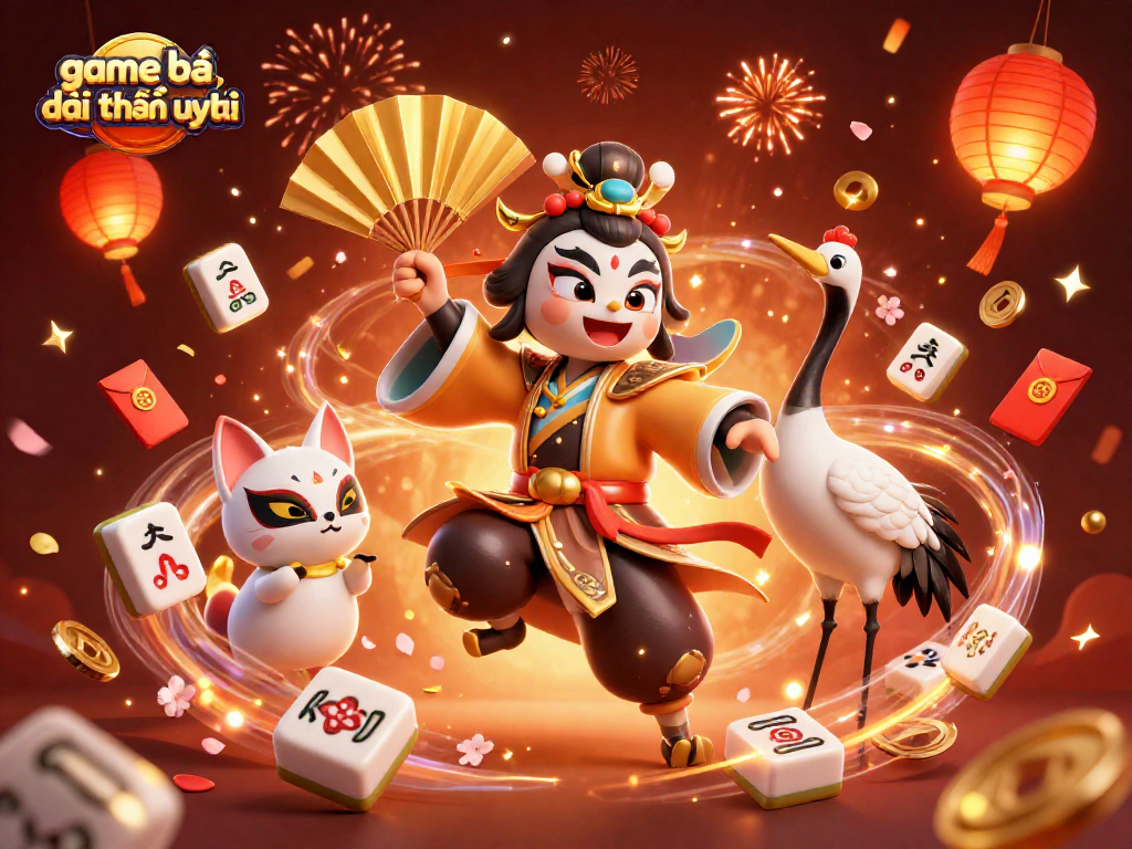 Experience the excitement of game bài đổi thưởng uy tín with vibrant characters and festive symbols in a dynamic illustration.