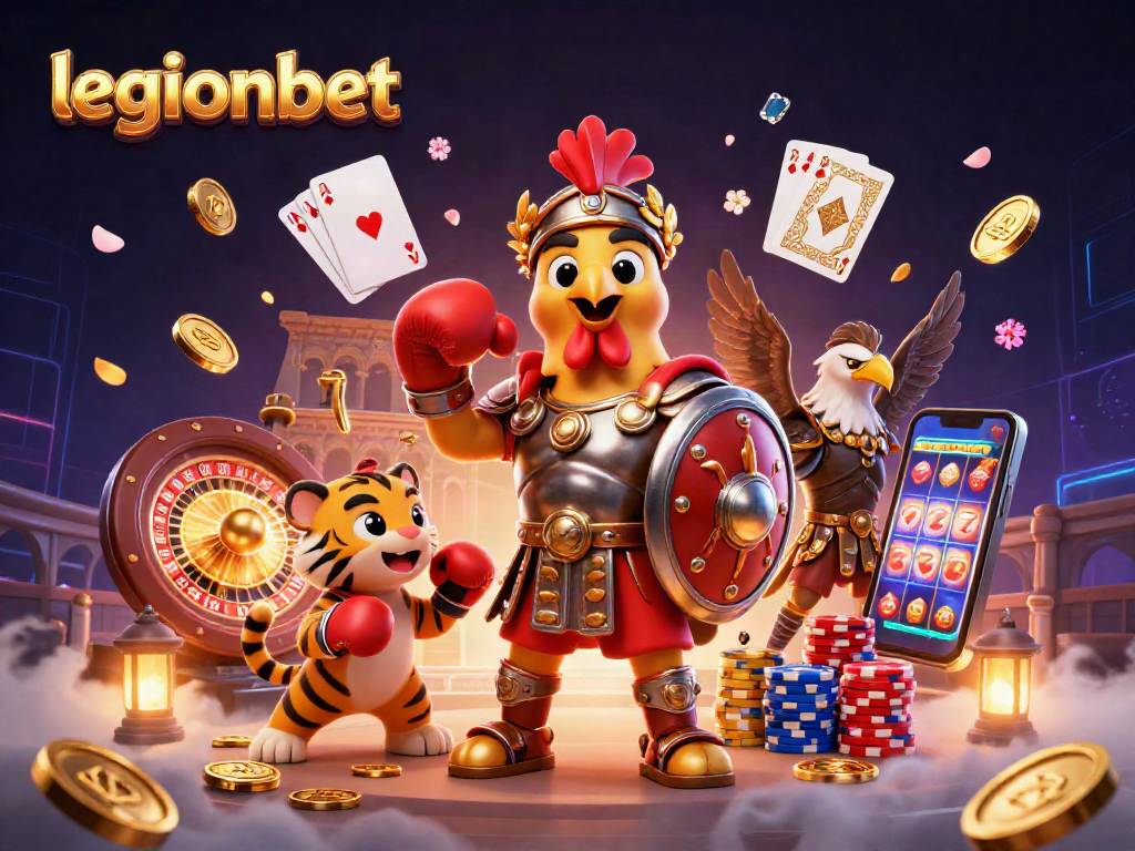 Engage in thrilling gameplay at legionbet with a dynamic 3D illustration showcasing a gladiator rooster and casino elements.
