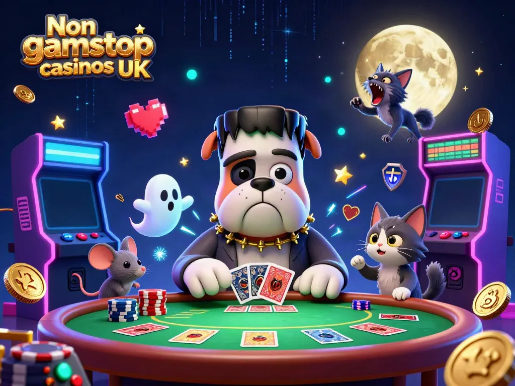 Engage with thrilling action at Non gamstop casinos UK, featuring a bulldog dealer and glowing arcade elements.