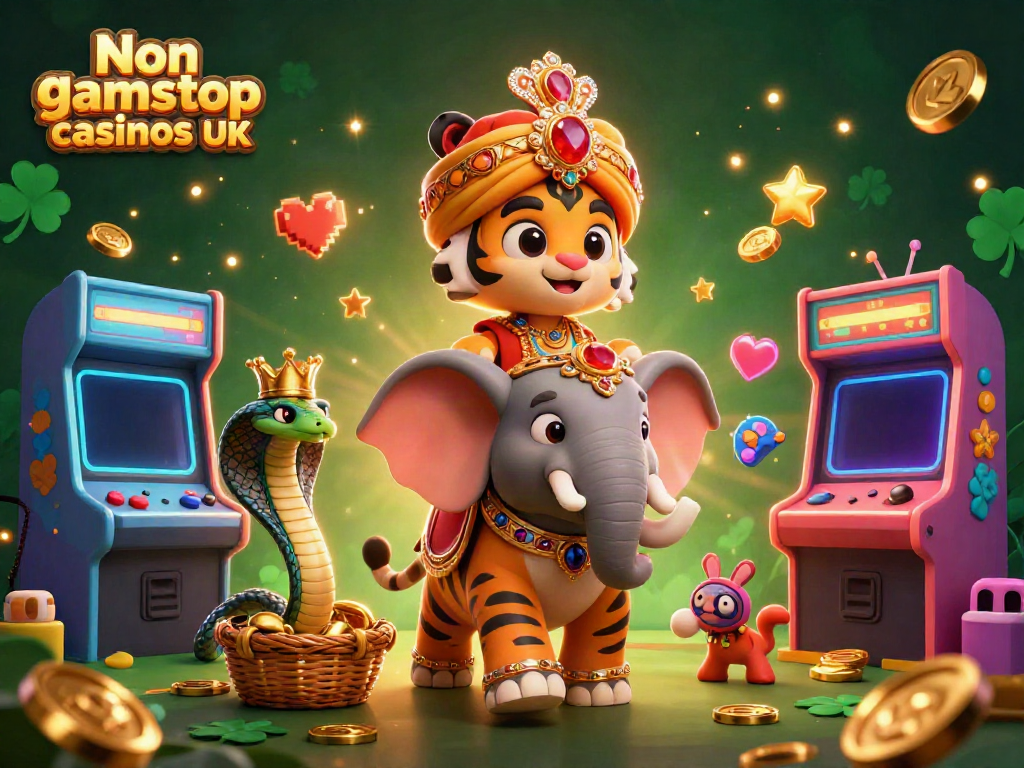 Engage with Non gamstop casinos UK featuring a maharaja tiger, jewel elephant, and cobra amidst vibrant gaming elements.