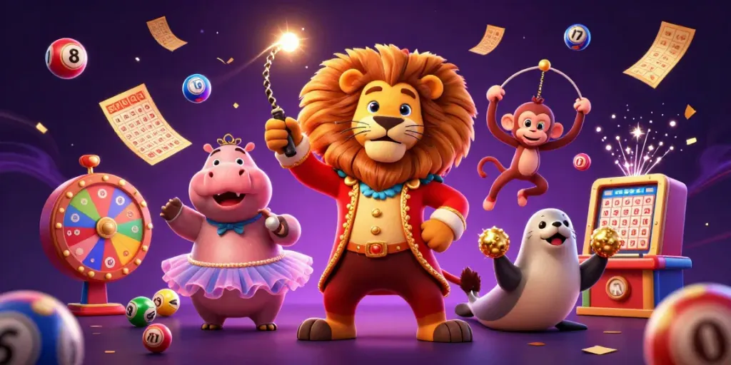 Engaging five88 scene with circus characters and vibrant lottery elements for dynamic gaming promotion.
