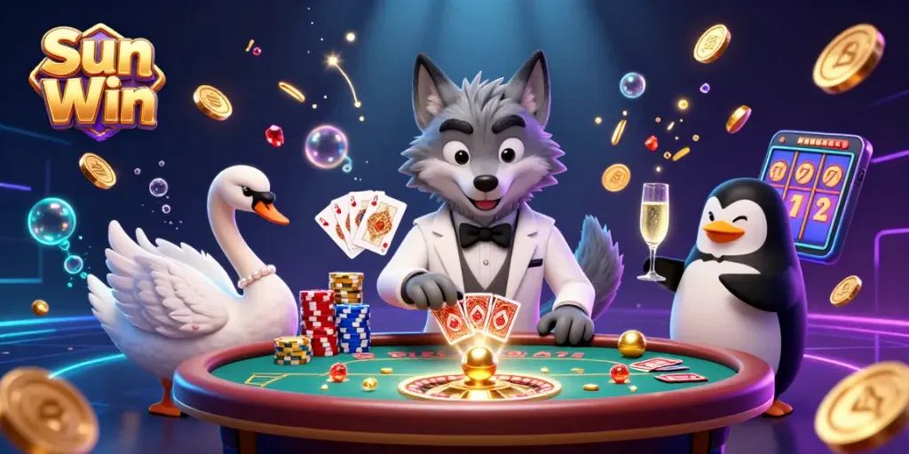 Engage with Sun Win through vibrant casino fun, featuring a debonair wolf and friends amidst cascading gold coins.