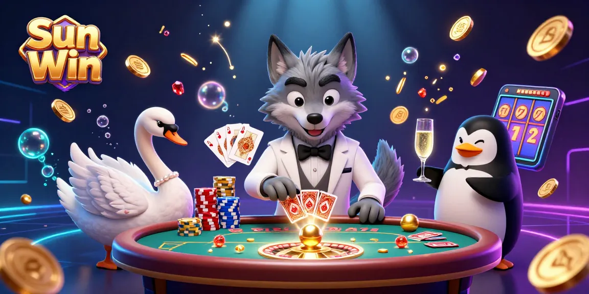 Engage with Sun Win through vibrant casino fun, featuring a debonair wolf and friends amidst cascading gold coins.