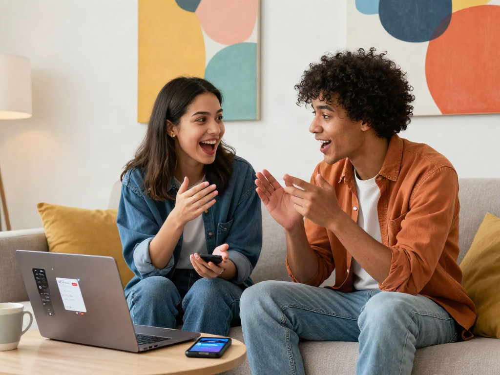 Young adults enjoying spicychat conversation on a modern couch with colorful art backdrop.