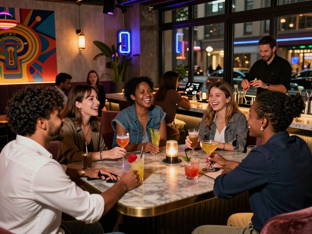A lively bar scene showcasing diverse friends enjoying nsfw-themed cocktails in an urban lounge.