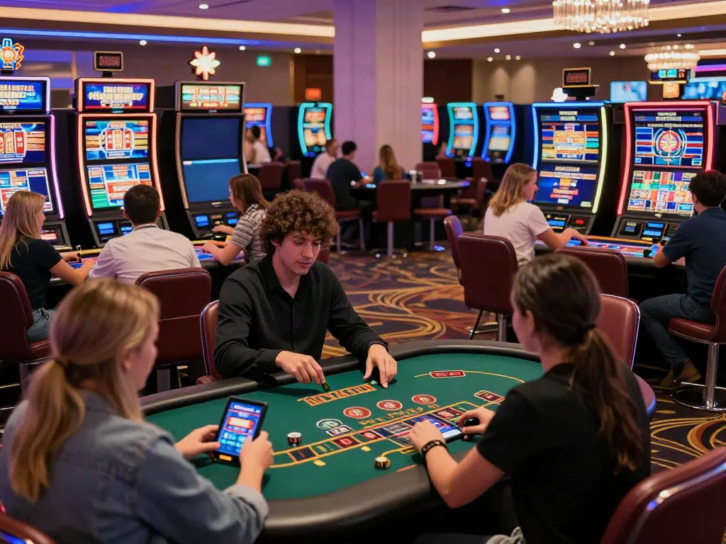 Engaging scene of players enjoying various games in a lively non-UK casino with vibrant colors and neon lighting.