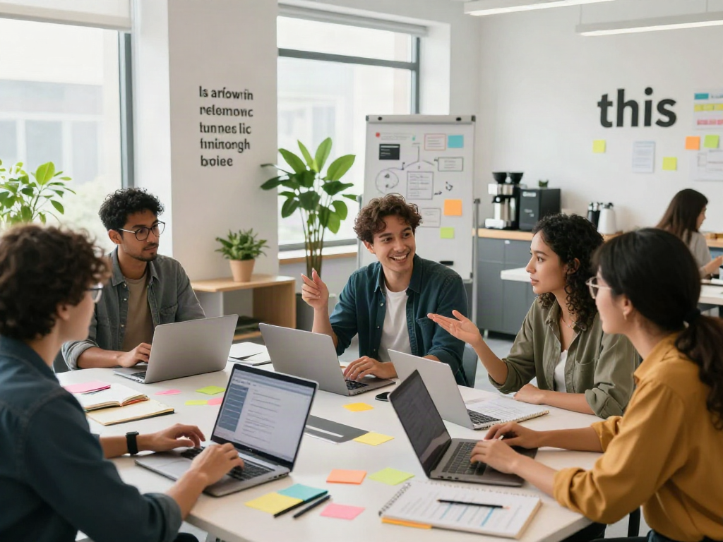 This collaborative workspace highlights professionals discussing ideas around a table, showcasing creative teamwork.
