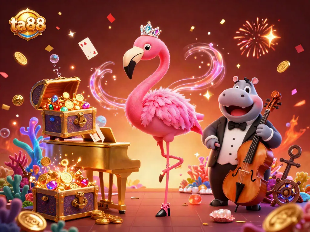 Experience the thrill of ta88 with a lively casino scene featuring a flamingo singer and hippo bassist.