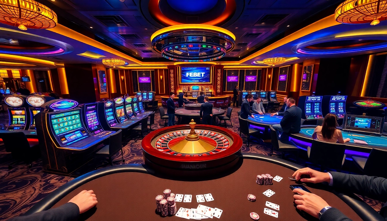 FEBET offers an exciting casino experience with vibrant tables and eager players.