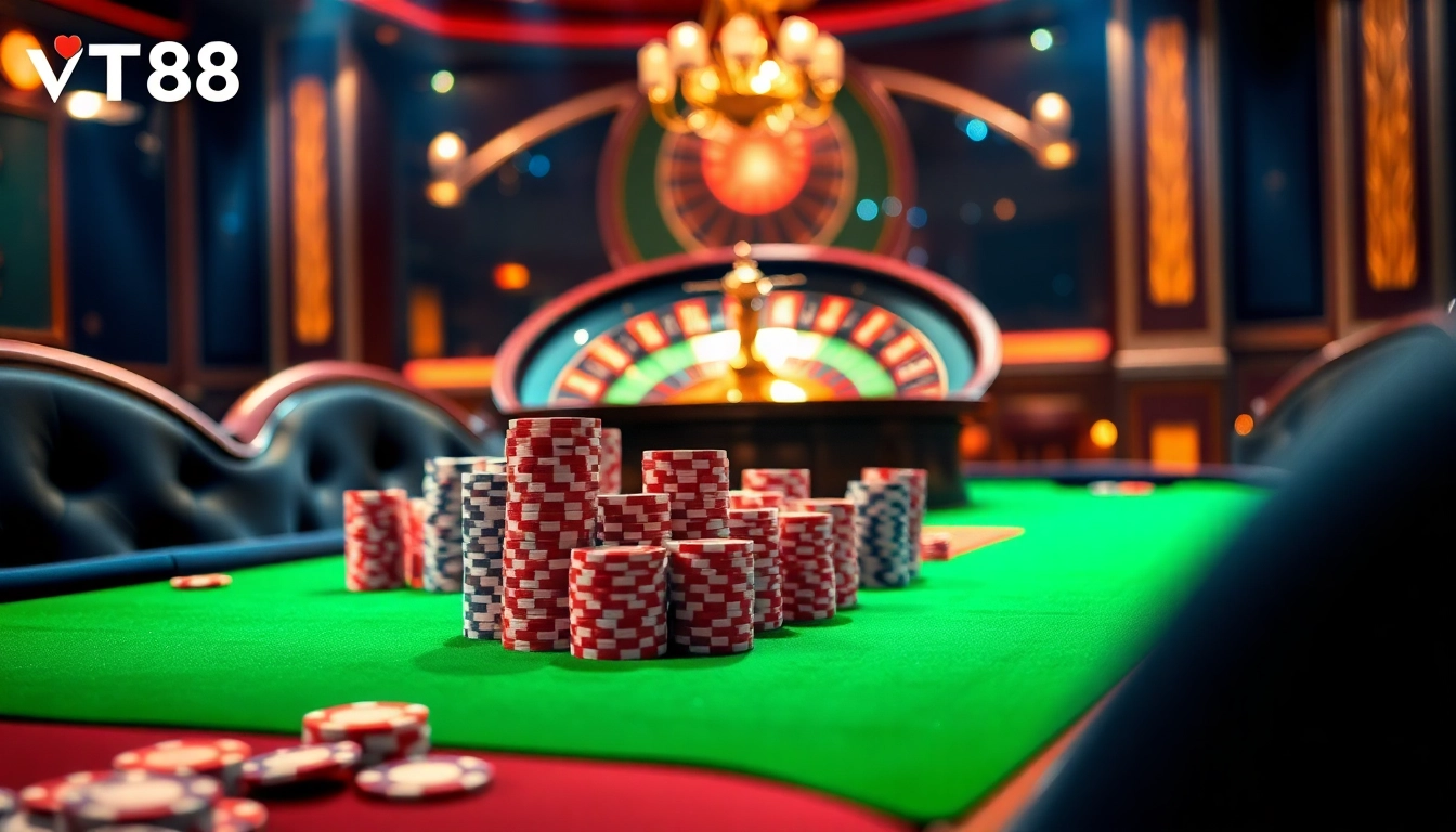 Experience an exhilarating poker game at the VT88 casino table featuring high-stacked chips and bright cards.