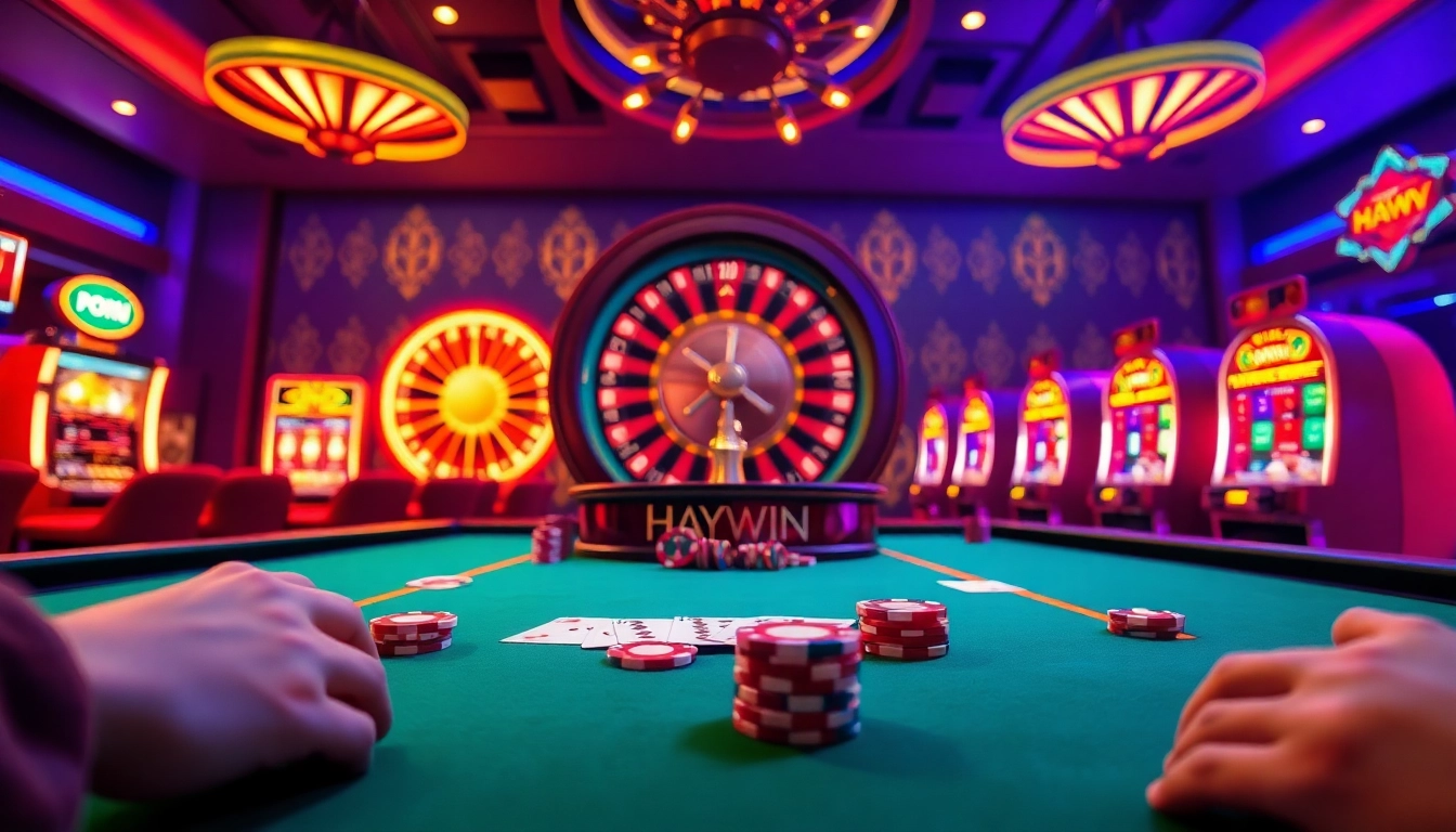 Experience the thrill of gambling at HAYWIN with a vibrant casino scene featuring poker chips and roulette.