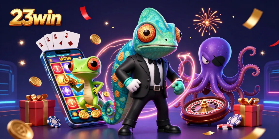 Experience the thrill with 23win's vibrant casino games illustrated in a colorful celebration scene.