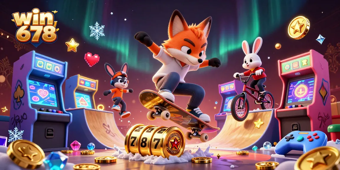 Win678's playful casino scene featuring a skateboarder fox and BMX rabbit illustrating slots and gaming exuberance.