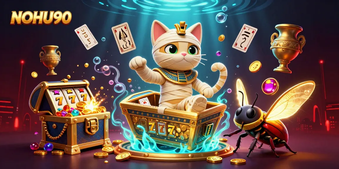 Experience vibrant gameplay at NOHU90 with an Egyptian mummy cat and golden treasures in this dynamic casino scene.