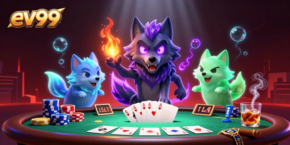 Experience the thrill of ev99 poker with a dynamic scene featuring shadow wolves and colorful chips.