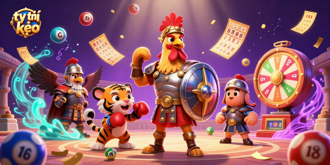 Engage with tỷ lệ kèo in a vibrant 3D scene featuring a gladiator rooster and lottery elements.