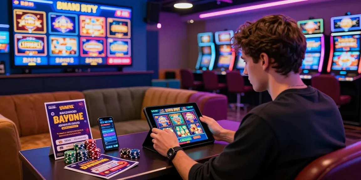 Player exploring new online slot sites on tablet in a vibrant casino lounge with colorful lights.