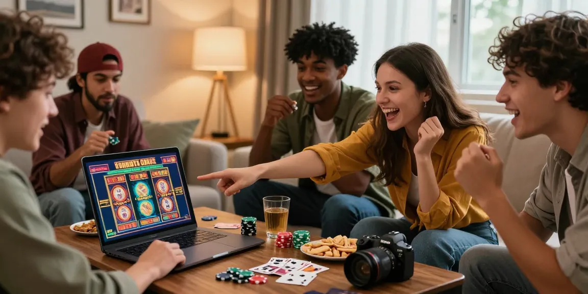 Group of friends enjoying a gaming session at credit card casinos with vibrant slots on screen, cozy living room setting.