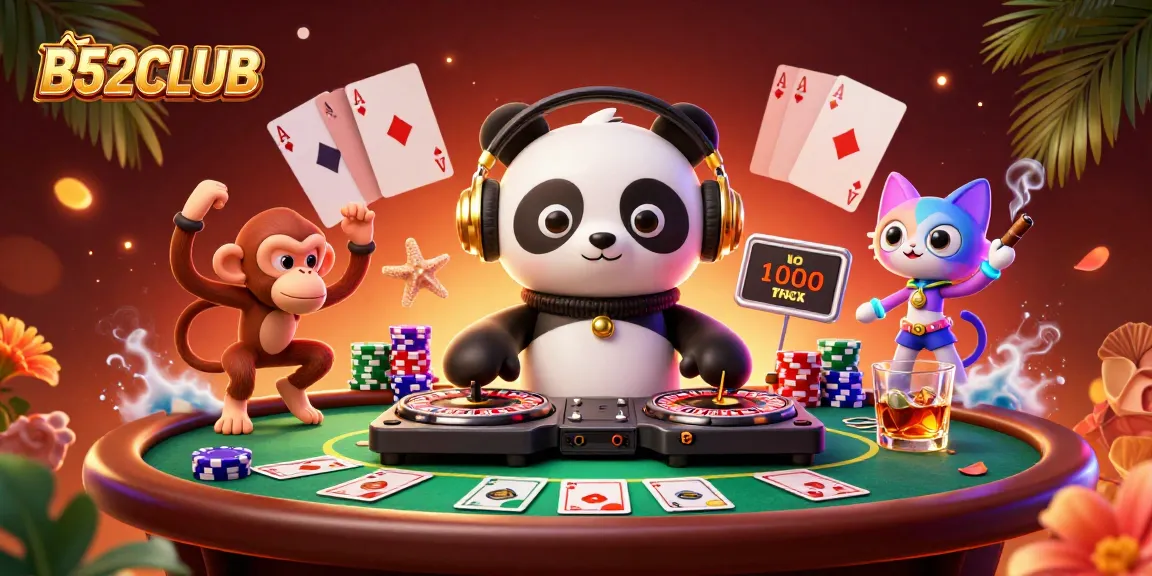 B52CLUB unleashes casino excitement in a vibrant scene with games, DJ panda, and dancing characters.