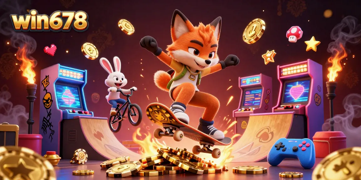 win678 captures excitement with a 3D cartoon fox performing tricks among casino-themed elements and vibrant arcade machines.