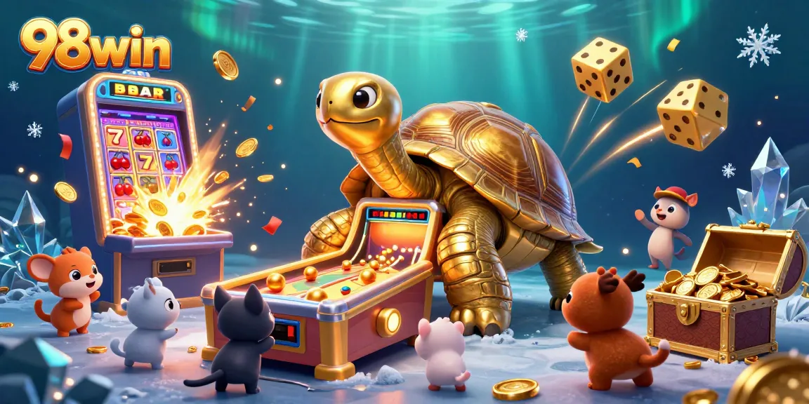 Experience thrilling wins at 98win with this dynamic illustration of a colossal tortoise and a vibrant casino scene.