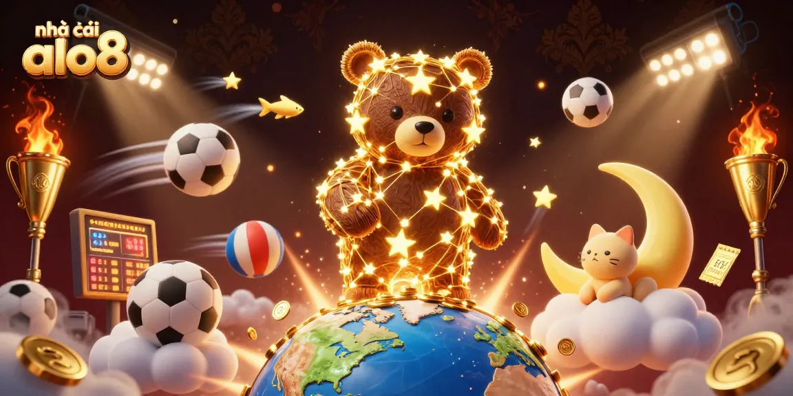 Engage in exhilarating gameplay at nhà cái alo8 with gold coins and dynamic sports elements surrounding a cosmic scene.