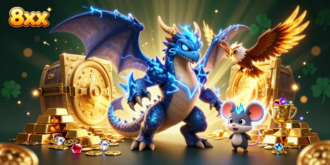Experience the thrill of winning at 8xx with vibrant casino scenes featuring treasures and excitement.