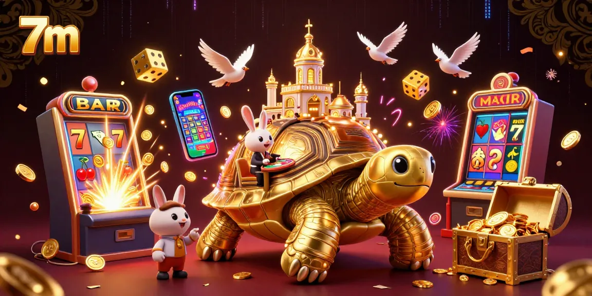 Experience 7m's vibrant casino scene with a giant tortoise, a rabbit dealer, and golden coins