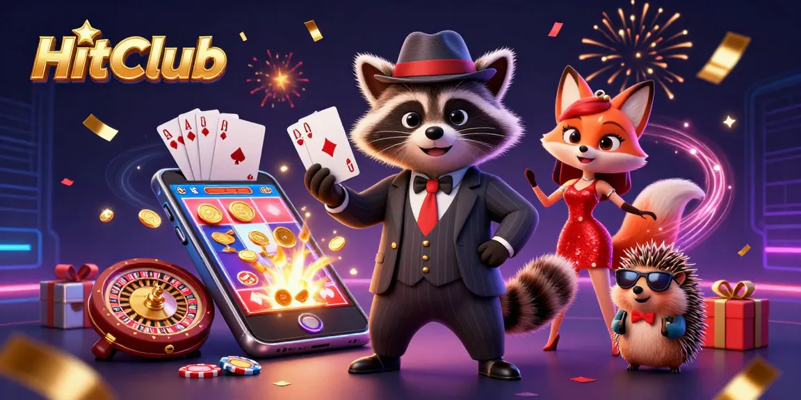 HitClub showcases an exciting casino scene with a raccoon holding a royal flush, celebrating with friends amidst slot games.