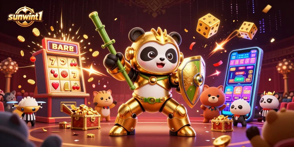Experience excitement at sunwint1 with a vibrant 3D scene of a golden panda and jackpot elements.