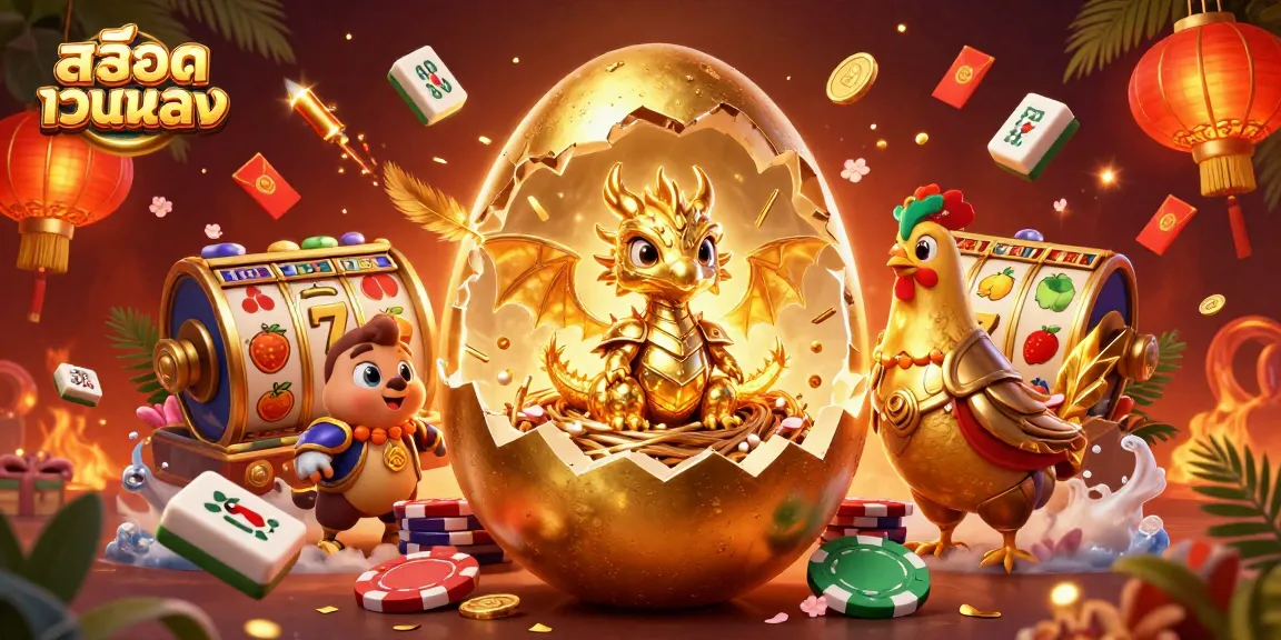 Engage with สล็อตเว็บตรง while watching a golden baby dragon emerge from its egg in a dazzling gambling-themed scene.