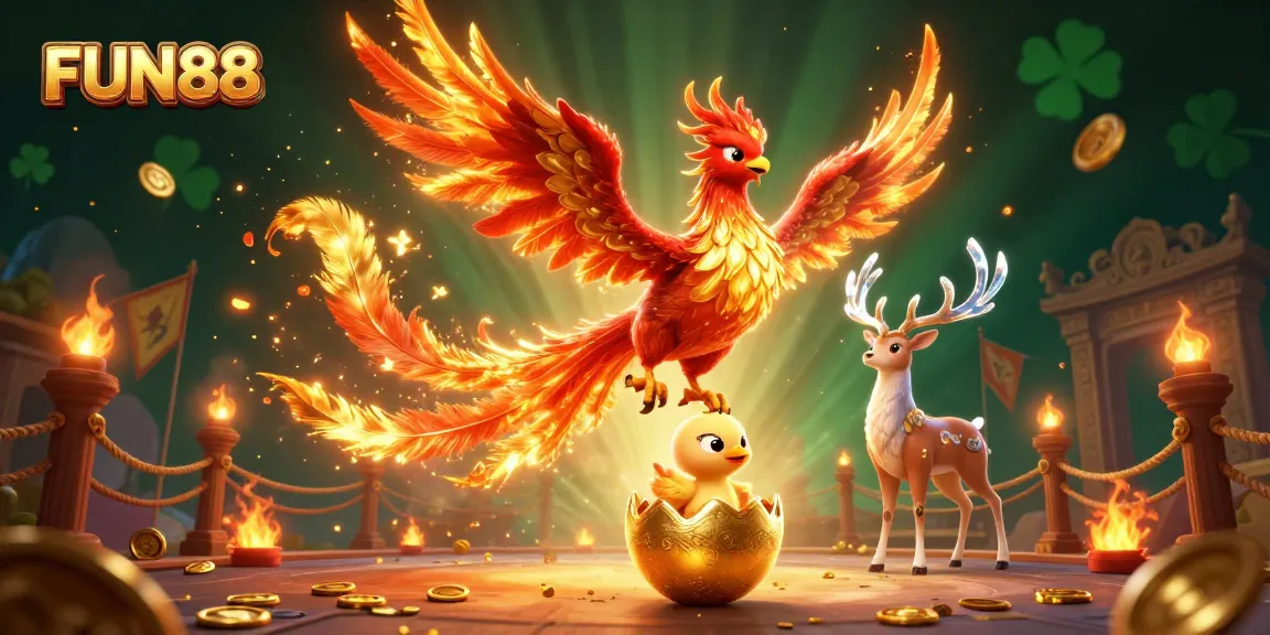 Experience thrilling gameplay at FUN88 with vibrant characters, fire effects, and casino elements.