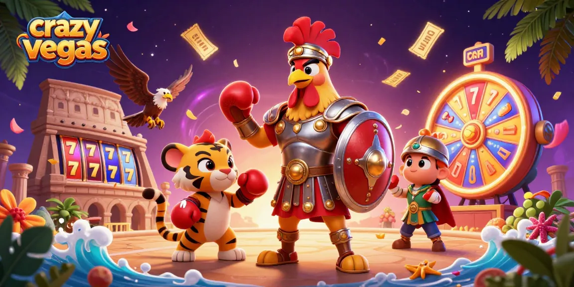 Experience new excitement with crazyvegas as a gladiator rooster battles jackpots in an energetic casino scene.